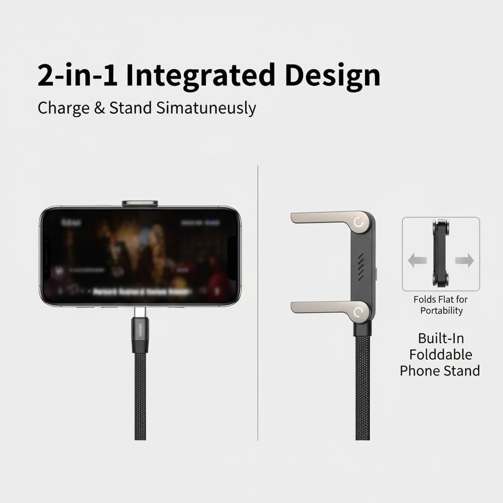 Invisible Holder Charger Cable, 2-in-1 240w Charger Super Fast Charging Cord with Built-in Phone Stand Charging Invisible Holder Type C Cable USB C Car for Gaming Office Car Travel