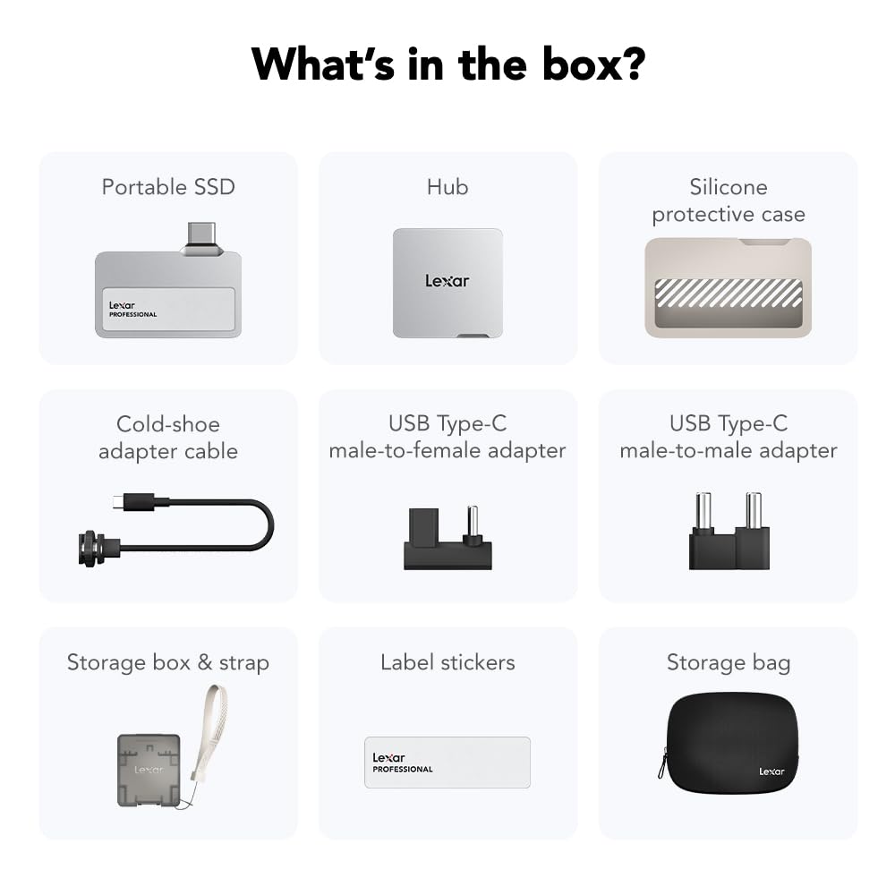 1TB Professional Go Portable SSD w/Hub, Supports Apple 4K 60fps ProRes, Up to 1050MB/s, USB 3.2 Gen 2, Rugged, IP65, Ultracompact, Compatible w/iPhone 15/16, External SSD (LSL400S001T-RNSNU)