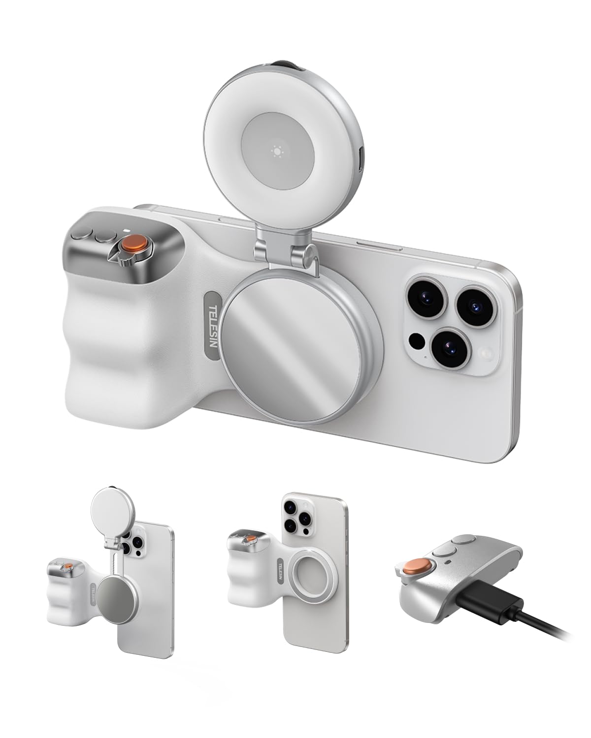 Fun Shot Magnetic Phone Camera Grip (White) + C03 Magnetic Selfie Light (Silver) Bundle Kit Compatible with iPhone & Android, Creator Kit for Selfies/Photography/TikTok/Zoom Calls/Video