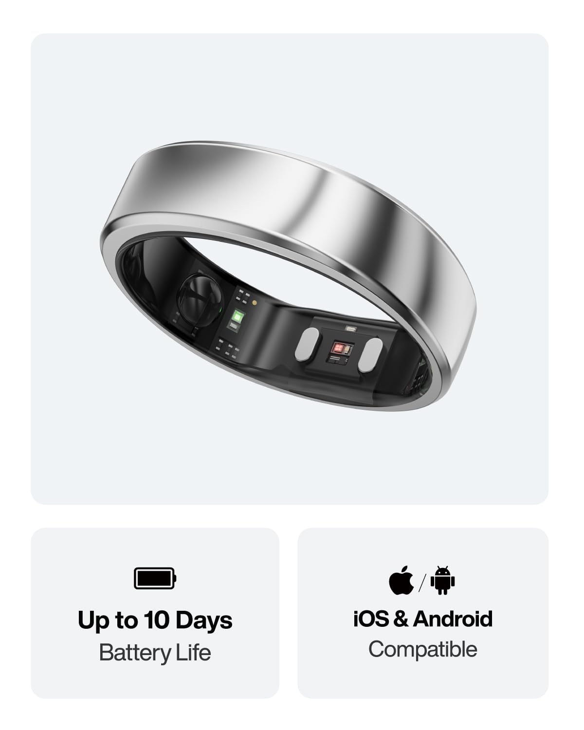 Ultra-Thin AI Smart Ring, 10-Day Battery Life, Fitness/Sleep/Stress/Women's Health Tracker, IP68 Waterproof Health Ring, Compatible with Android & iOS (Size 9, Galaxy Silver)