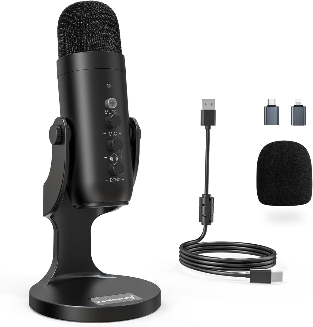 Podcast Microphone for PC, Noise Cancellation USB Mic with Gain, Volume Adjustment & Mute Button, Monitoring & Echo, for YouTube, TikTok, Podcasting, Streaming, iPhone, iPad, Android, Mac