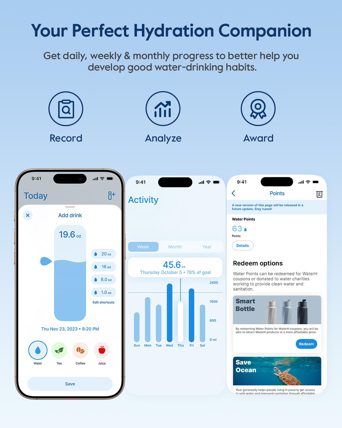 Smart Water Bottle with Reminder & Tracker, Double Wall Vacuum Insulated Bottles Stainless Steel, 32oz BPA-Free Wide Mouth for Gym, Office, School, Ideal Gift for Christmas, New Year