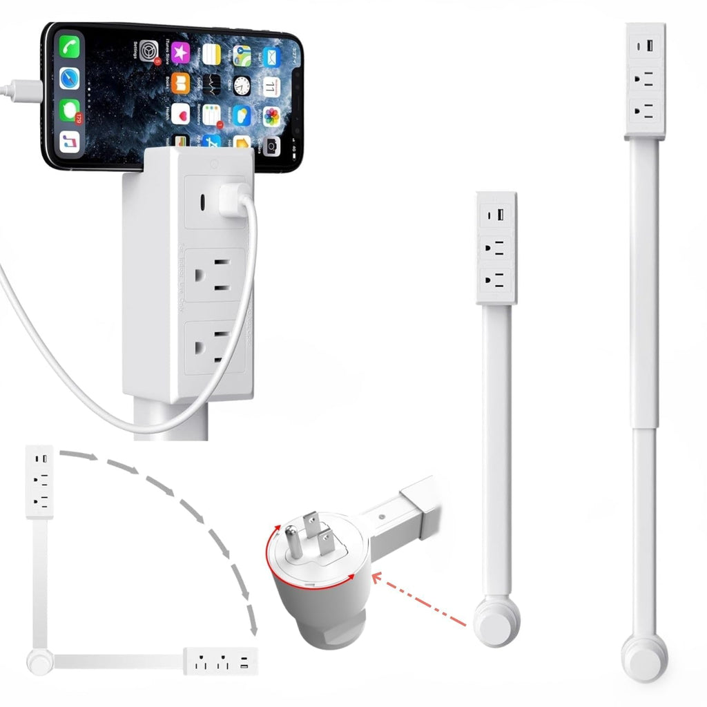 Electrical Outlet Extender Features USB-A, USB-C, and 2 AC Electrical Outlet Extender Stick for Hard to Reach Spaces Extends 17"-27", Rotates 180°. Use Behind Couches, Nightstands, Desks (1PCS) (1pc)