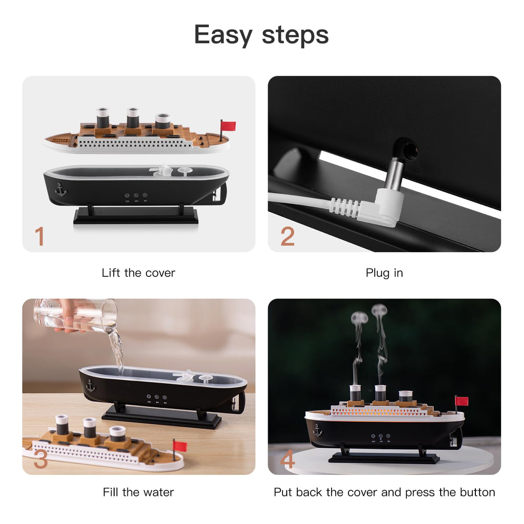 Titanic Humidifier 250ml, Essential Oil Diffuser Cool Mist Ultrasonic Aroma Aromatherapy Diffuser with Remote Control 7 Light 2 Mist Mode Auto Shut-Off for Bedroom Office Hotel(Black White)