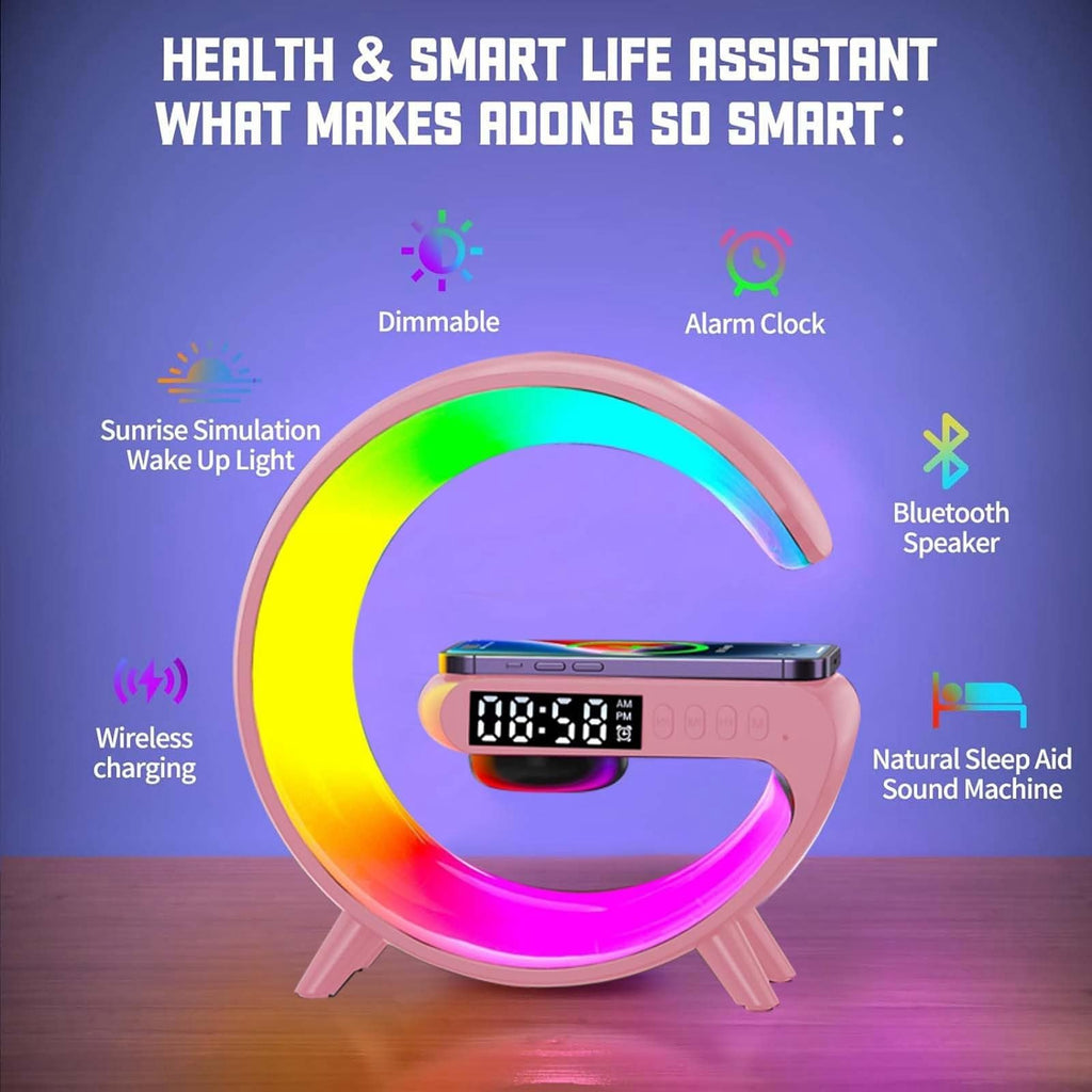 LED Wireless Charger Night Light Lamp, Bluetooth Speaker with Lights Alarm Clock, G Shaped Wireless Speaker Atmosphere Lamp for Bedside Dorm Office, Kids Adults Desk Table Lamp Gift (Black)