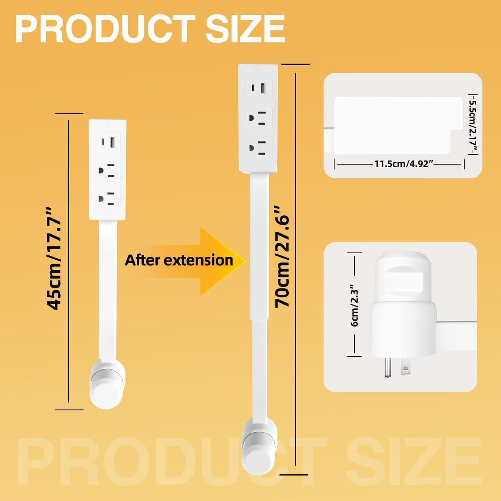 Electrical Outlet Extender Features USB-A, USB-C, and 2 AC Electrical Outlet Extender Stick for Hard to Reach Spaces Extends 17"-27", Rotates 180°. Use Behind Couches, Nightstands, Desks (1PCS) (1pc)