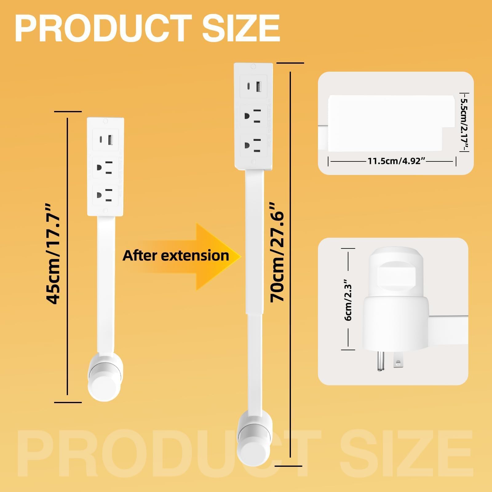 Electrical Outlet Extender Features USB-A, USB-C, and 2 AC Electrical Outlet Extender Stick for Hard to Reach Spaces Extends 17"-27", Rotates 180°. Use Behind Couches, Nightstands, Desks (1PCS) (1pc)