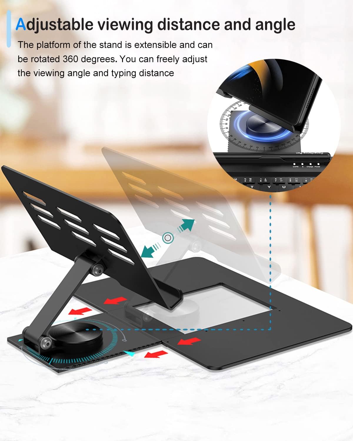 Bluetooth Keyboard and Mouse Set, Portable Travel Keyboard Adjustable Foldable Aluminum Alloy Stand Holder with Pen for 4.7"-8.5" Devices