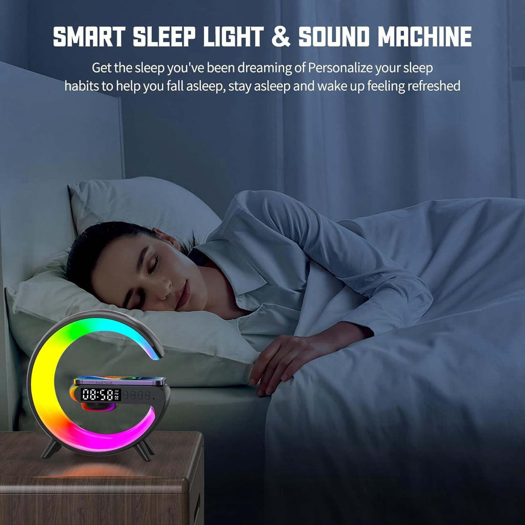 LED Wireless Charger Night Light Lamp, Bluetooth Speaker with Lights Alarm Clock, G Shaped Wireless Speaker Atmosphere Lamp for Bedside Dorm Office, Kids Adults Desk Table Lamp Gift (Black)