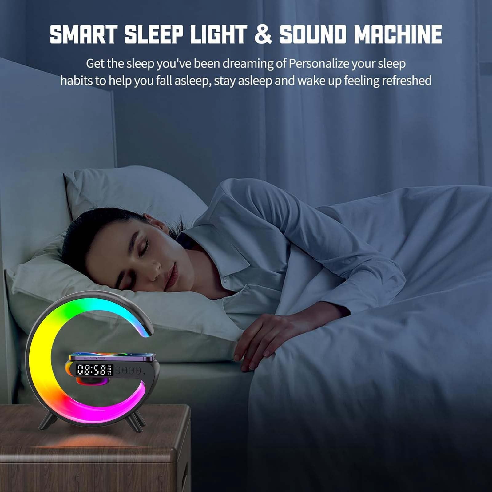 LED Wireless Charger Night Light Lamp, Bluetooth Speaker with Lights Alarm Clock, G Shaped Wireless Speaker Atmosphere Lamp for Bedside Dorm Office, Kids Adults Desk Table Lamp Gift (Black)