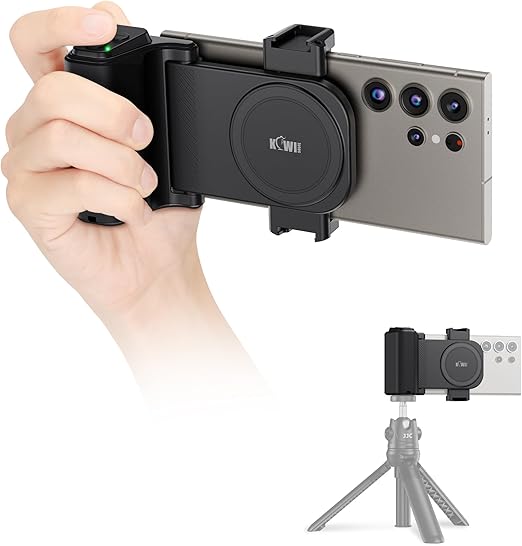 Phone Camera Grip Travel Smartphone Camera Tripod Mount with Remote Control & Cold Shoe Adapter for iPhone & Samsung Selfie Vlog Video Shooting Grip