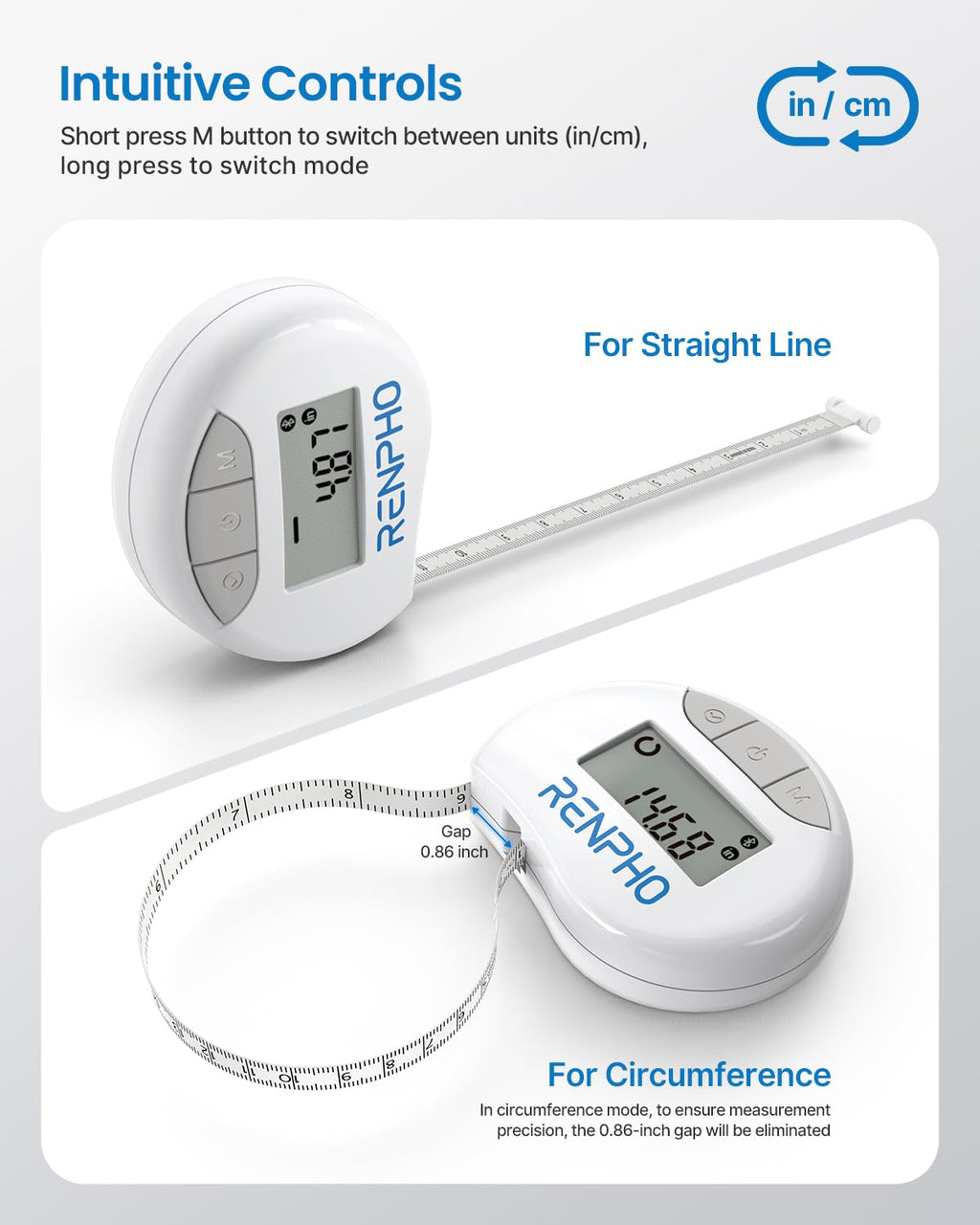 Smart Tape Measure - Bluetooth Measuring Tapes for Body Measurement Muscle Gain Fitness Bodybuilding Retractable Circumferences Inches & cm