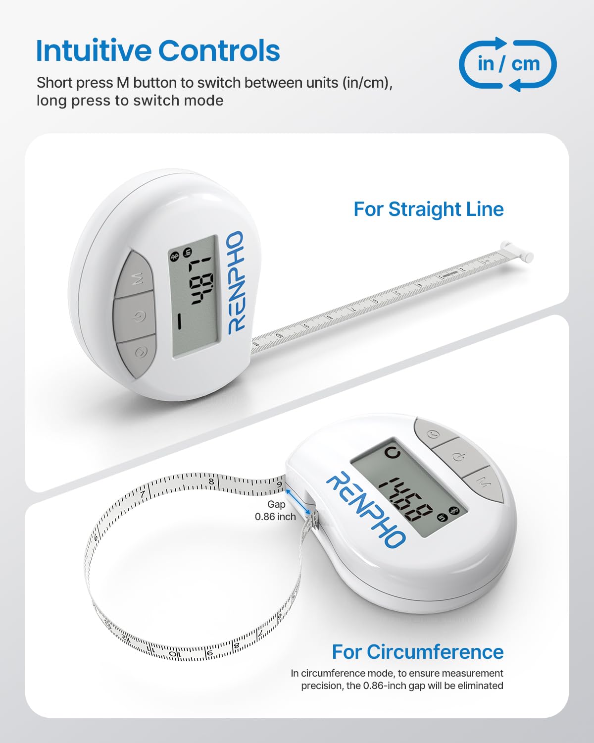 Smart Tape Measure - Bluetooth Measuring Tapes for Body Measurement Muscle Gain Fitness Bodybuilding Retractable Circumferences Inches & cm
