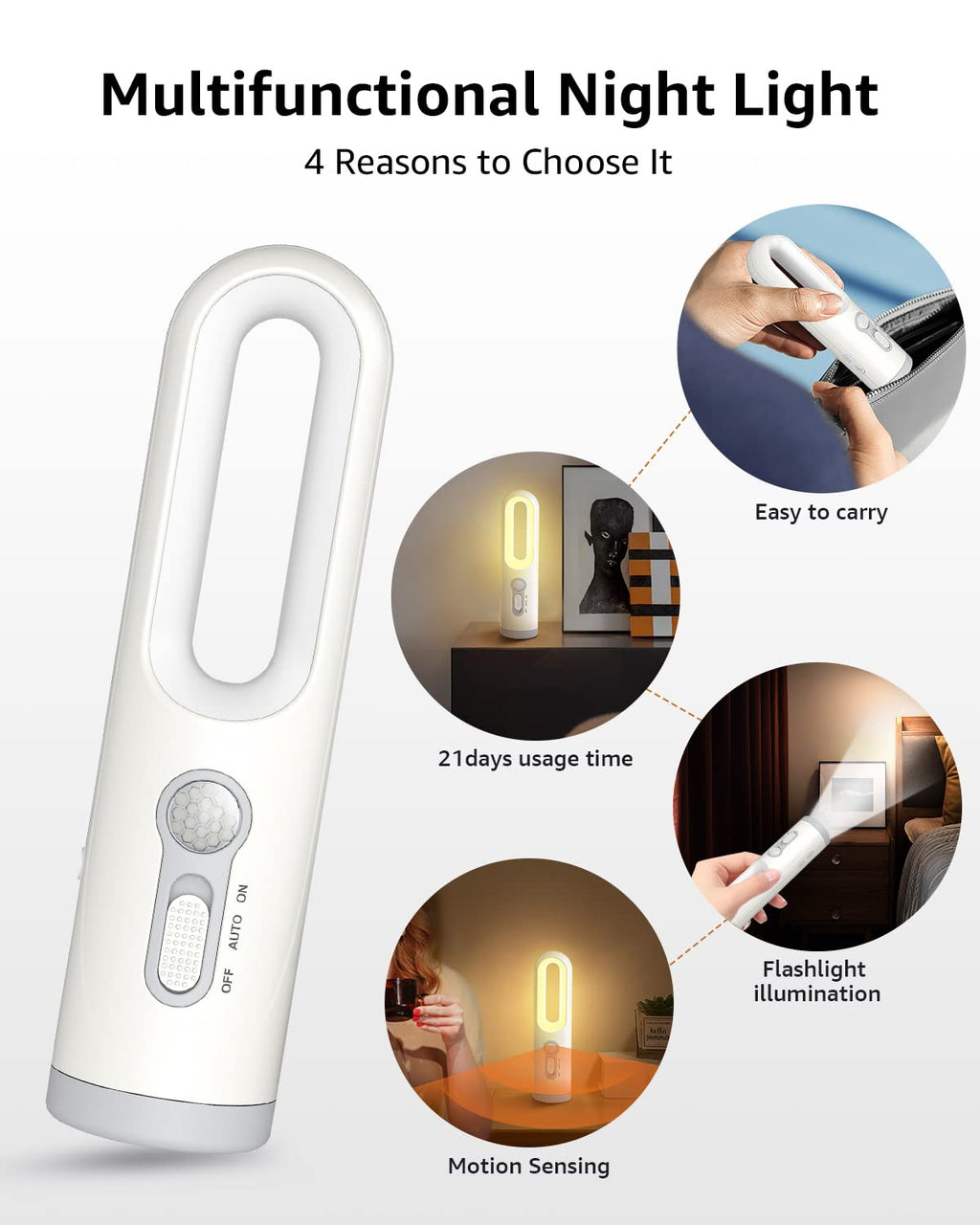 Rechargeable Motion Sensor Night Light 2-in-1 Portable LED Night Light Flashlight with Dusk to Dawn Sensor for Bedroom, Bathroom, Baby Nursery, Toilet, Reading, Camping(Warm White, 1 Pack)