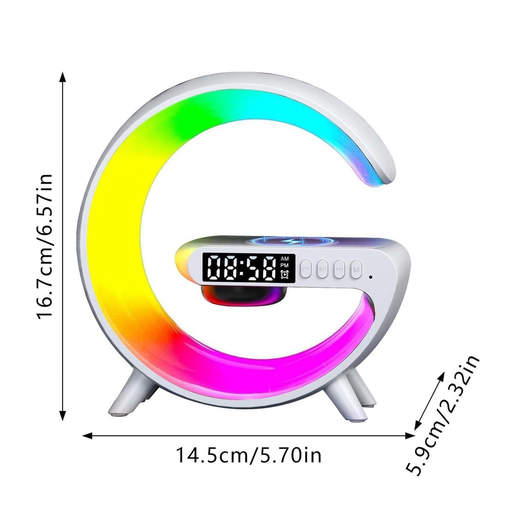 LED Wireless Charger Night Light Lamp, Bluetooth Speaker with Lights Alarm Clock, G Shaped Wireless Speaker Atmosphere Lamp for Bedside Dorm Office, Kids Adults Desk Table Lamp Gift (Black)
