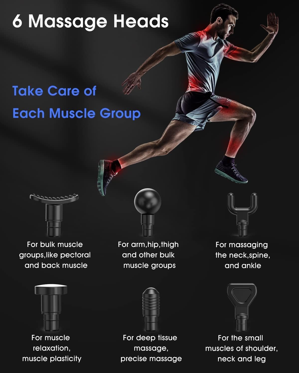 Massage Gun, Percussion Massage Gun, Muscle Handheld Deep Tissue Massager (Black)-– Six Different Adjustable Heads for Different Muscle Groups - 20 Speed Option