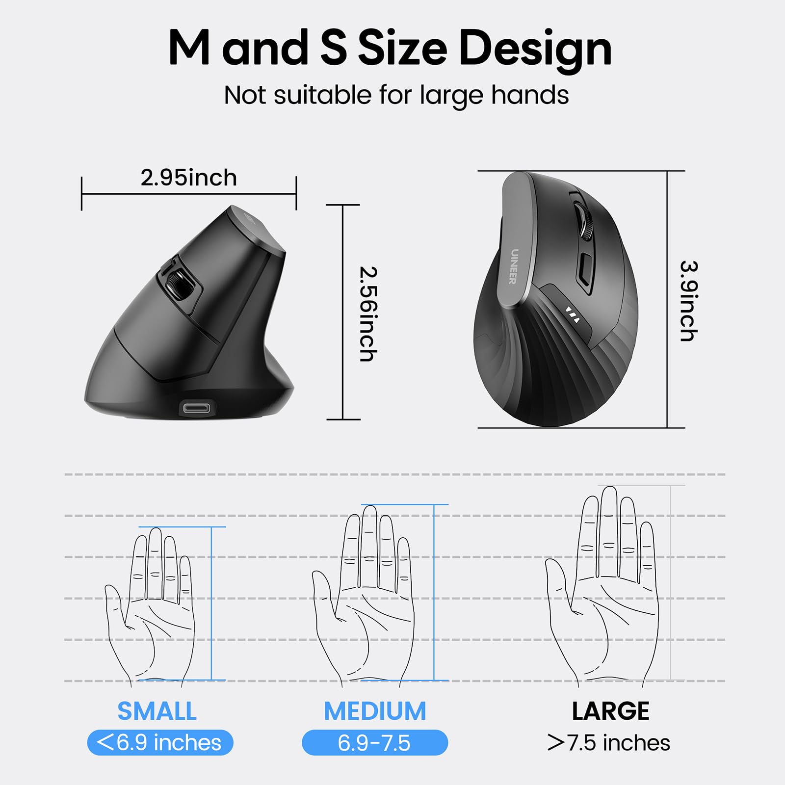 Wireless Ergonomic Mouse, Bluetooth Vertical Mouse (BT 5.0/4.0 + 2.4GHz), Computer Mouse for Laptop, PC, MacBook, iPad -Long-Lasting Comfort for Office/Home Use-Black