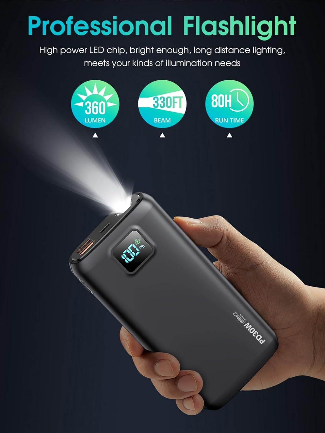 Portable-Charger-Power-Bank - 40000mAh Power Bank PD 30W and QC 4.0 Quick Charging Built-in Bright Flashlight LED Display 2 USB 1Type-C Output for Most Electronic Devices on The Market (Matte Black)