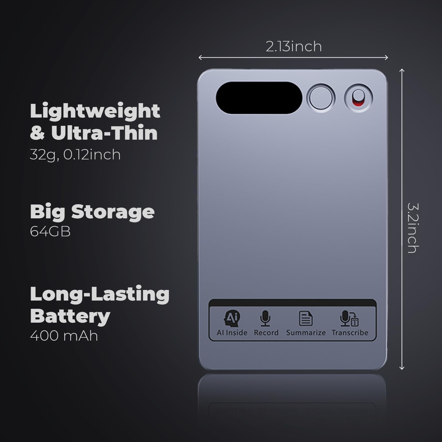 AI Voice Recorder 64GB with App Control - Note Recorder with AI Transcribe & Summarize, Supports 118 Languages Voice-to-Text, Portable Recording Device for Lectures Meetings