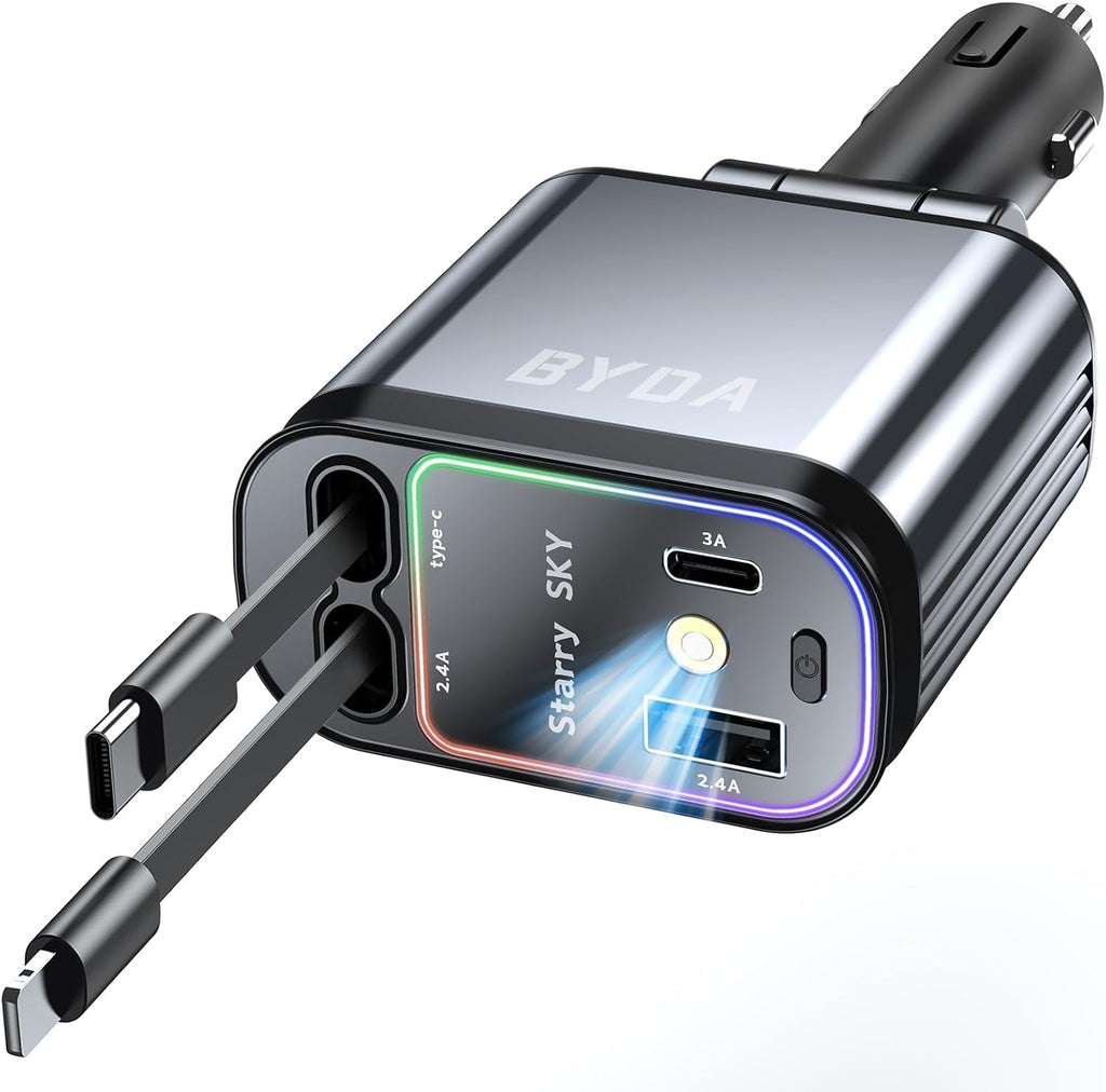 4 in 1 Retractable Car Charger with Starry Light,69W USB-C Fast Car Charger, for iPhone 17/16/15/14/13/12/11, Android,Pixel,Cigarette Lighter Charger (Grey, for Light-ning+USB-C)