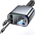 4 in 1 Retractable Car Charger with Starry Light,69W USB-C Fast Car Charger, for iPhone 17/16/15/14/13/12/11, Android,Pixel,Cigarette Lighter Charger (Grey, for Light-ning+USB-C)