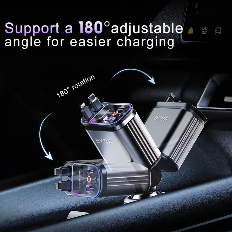 4 in 1 Retractable Car Charger with Starry Light,69W USB-C Fast Car Charger, for iPhone 17/16/15/14/13/12/11, Android,Pixel,Cigarette Lighter Charger (Grey, for Light-ning+USB-C)