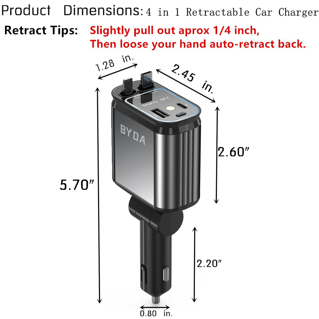 4 in 1 Retractable Car Charger with Starry Light,69W USB-C Fast Car Charger, for iPhone 17/16/15/14/13/12/11, Android,Pixel,Cigarette Lighter Charger (Grey, for Light-ning+USB-C)