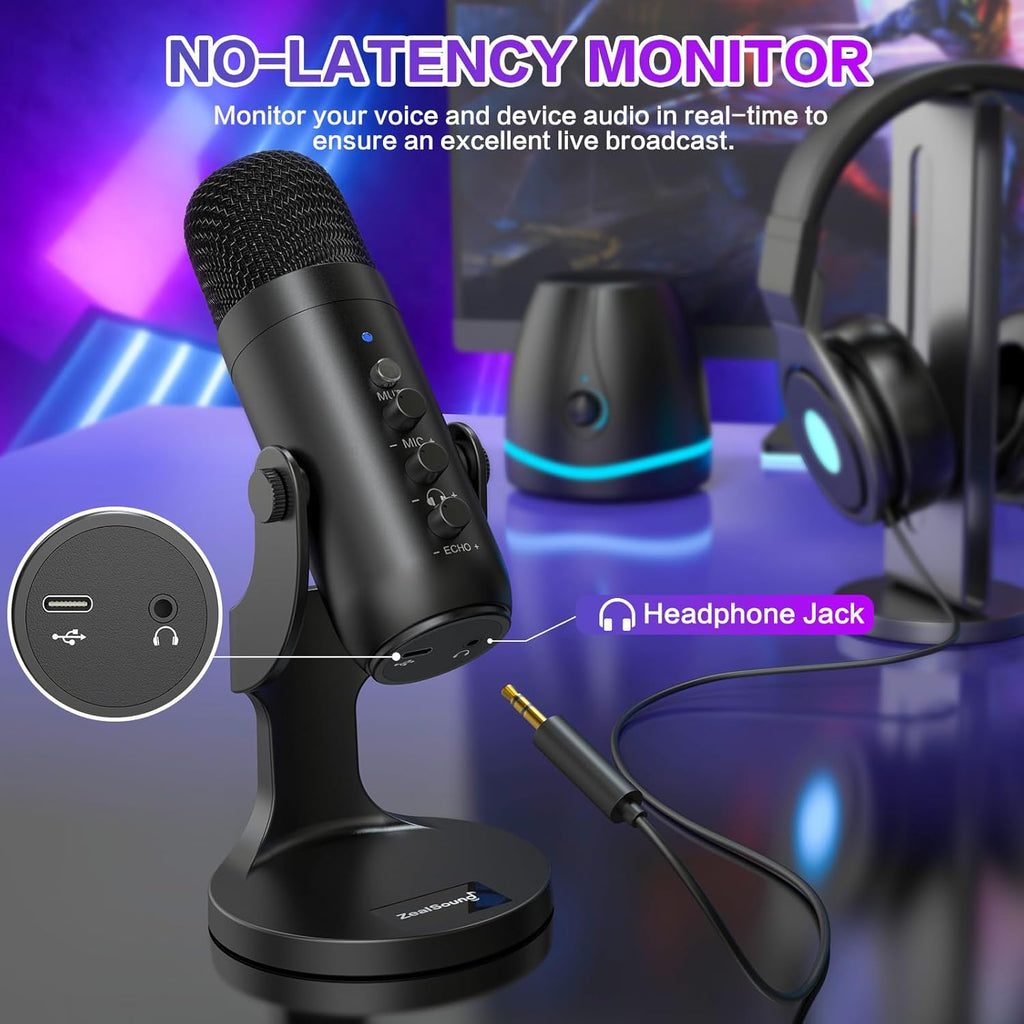 Podcast Microphone for PC, Noise Cancellation USB Mic with Gain, Volume Adjustment & Mute Button, Monitoring & Echo, for YouTube, TikTok, Podcasting, Streaming, iPhone, iPad, Android, Mac