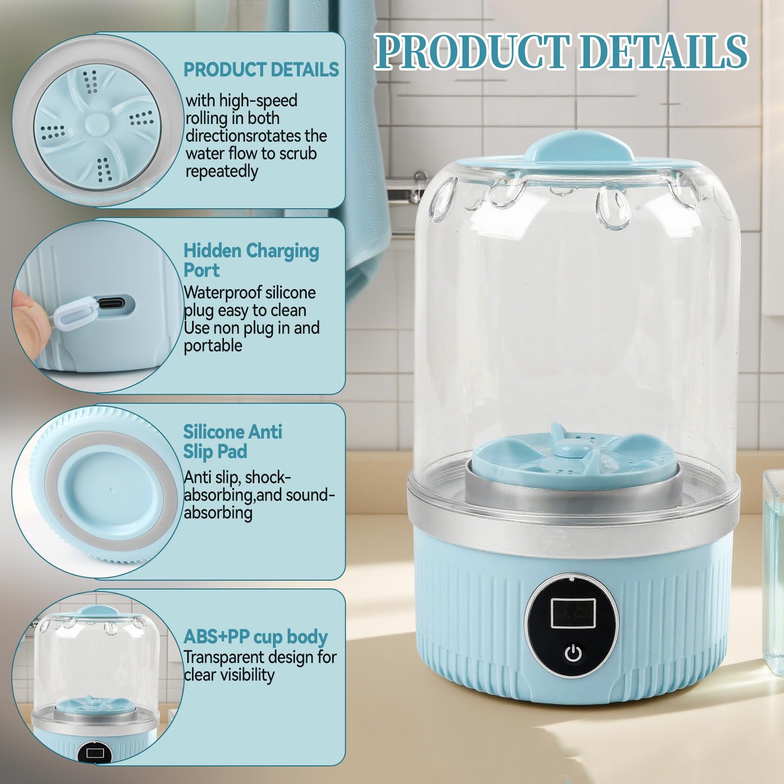 Portable Mini Washing Machine, Cordless Compact Washer Deeply Cleans Small Laundry Items for Small Loads Socks Underwear for Dorm, Apartments, Hotels, Travel & Camping (Blue)