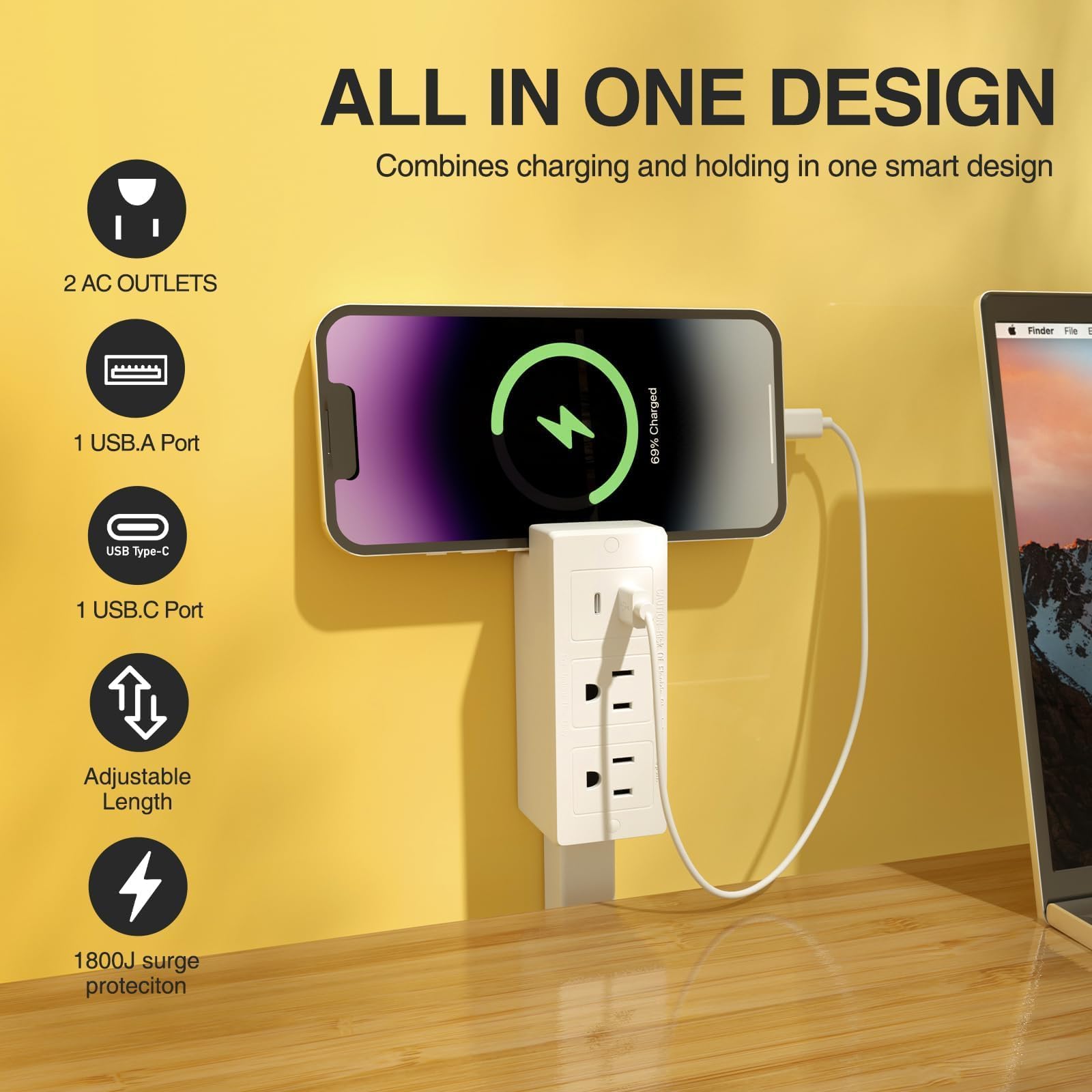 Electrical Outlet Extender Features USB-A, USB-C, and 2 AC Electrical Outlet Extender Stick for Hard to Reach Spaces Extends 17"-27", Rotates 180°. Use Behind Couches, Nightstands, Desks (1PCS) (1pc)