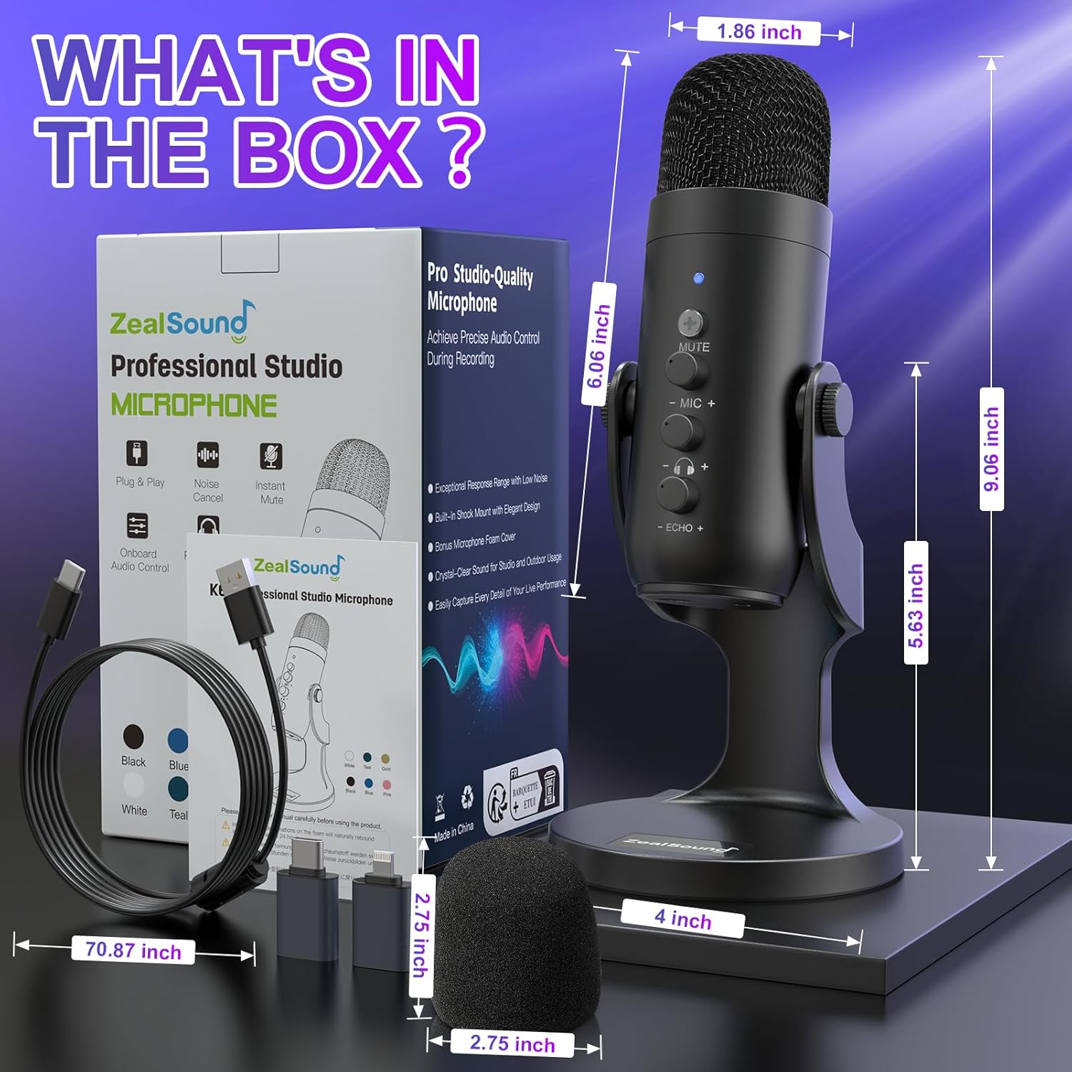 Podcast Microphone for PC, Noise Cancellation USB Mic with Gain, Volume Adjustment & Mute Button, Monitoring & Echo, for YouTube, TikTok, Podcasting, Streaming, iPhone, iPad, Android, Mac