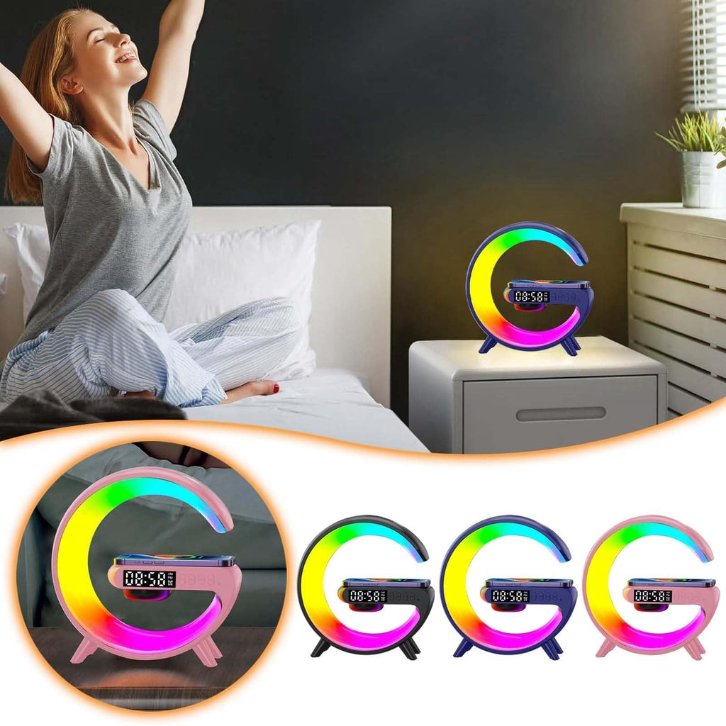 LED Wireless Charger Night Light Lamp, Bluetooth Speaker with Lights Alarm Clock, G Shaped Wireless Speaker Atmosphere Lamp for Bedside Dorm Office, Kids Adults Desk Table Lamp Gift (Black)