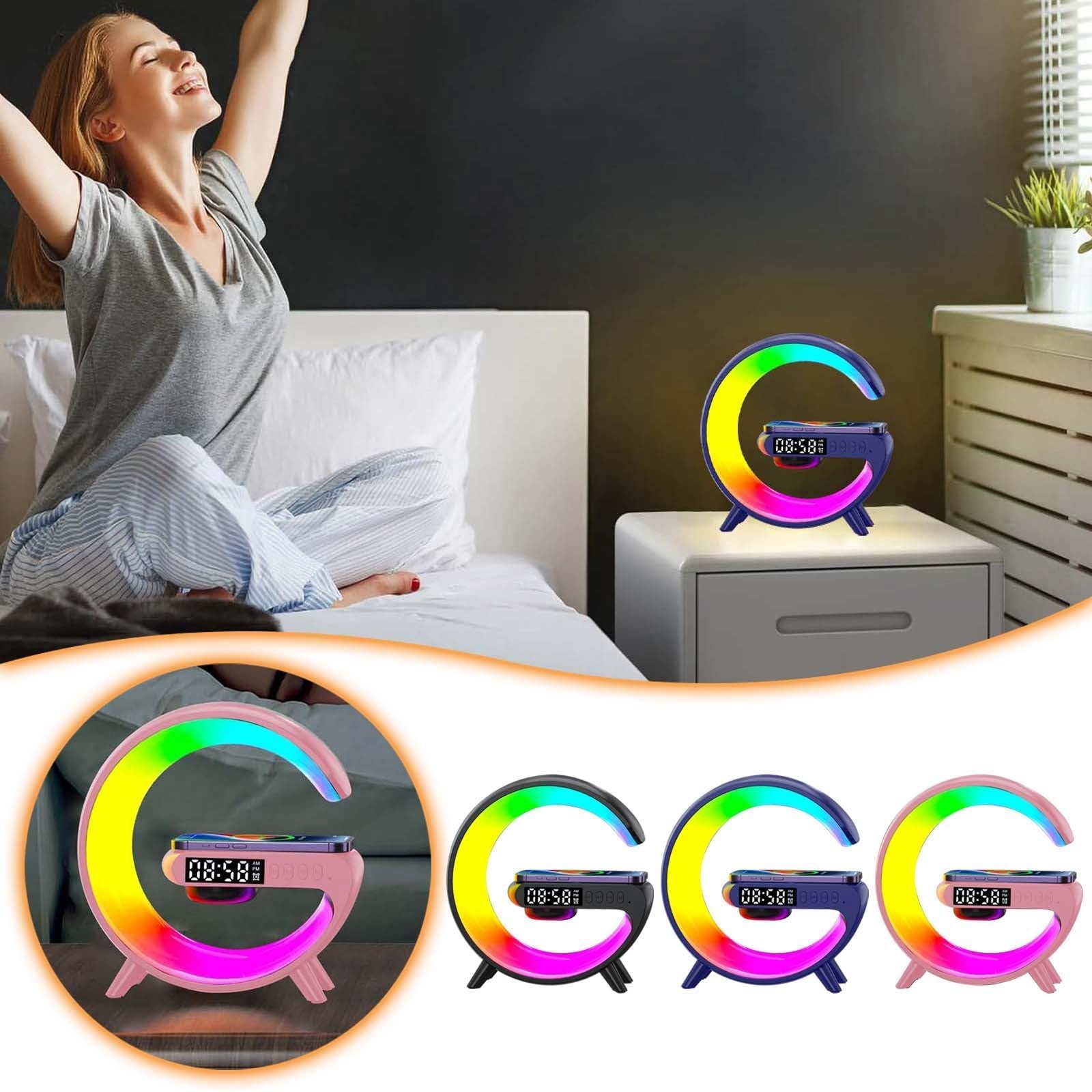 LED Wireless Charger Night Light Lamp, Bluetooth Speaker with Lights Alarm Clock, G Shaped Wireless Speaker Atmosphere Lamp for Bedside Dorm Office, Kids Adults Desk Table Lamp Gift (Black)