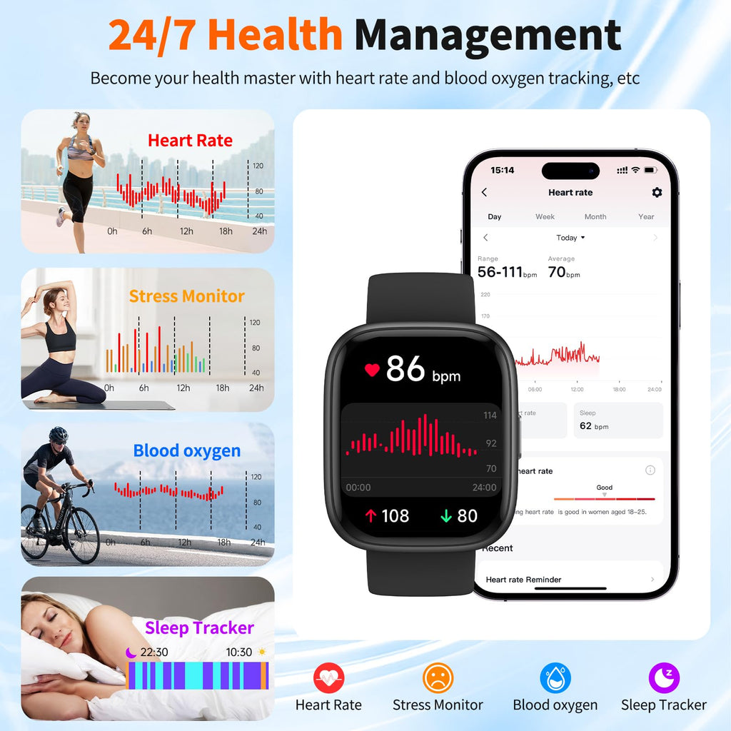 Smart Watch for Men Women, 1.83" HD, Alexa Built-in, Bluetooth 5.3 Calls & Notifications, IP68 Waterproof,100+ Sport Modes,Fitness Tracker/Heart Rate/SpO2/Sleep Monitor for Android iOS (Black)