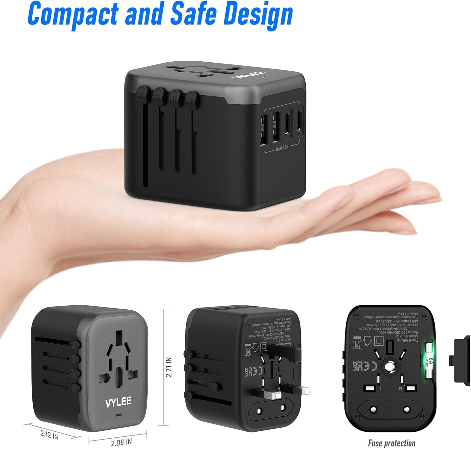 Universal International Power Travel Plug Adapter, 5 in 1 European Travel Plug Adapter W/ 3.5A 2xUSB-A and 2xUSB C Wall Charger and Worldwide AC Outlet for Europe USA UK AUS Asia (Black Grey)