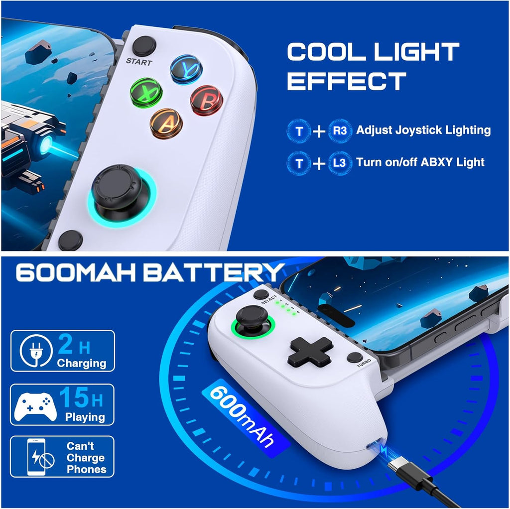 Game Controller - Compatible with iPhone & Android, Mobile Gaming Controller with Hall Joysticks, Phone Case Support, Wireless Phone Controller for Xbox Game Pass, Steam Link & More, White