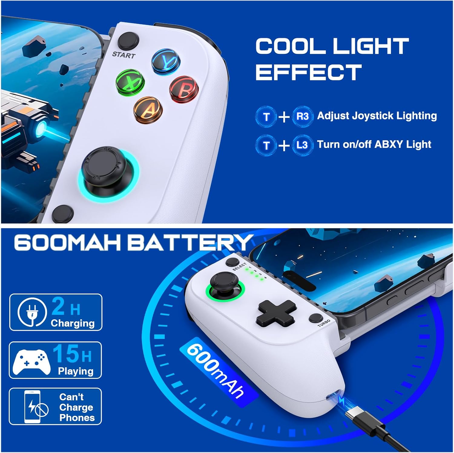Game Controller - Compatible with iPhone & Android, Mobile Gaming Controller with Hall Joysticks, Phone Case Support, Wireless Phone Controller for Xbox Game Pass, Steam Link & More, White