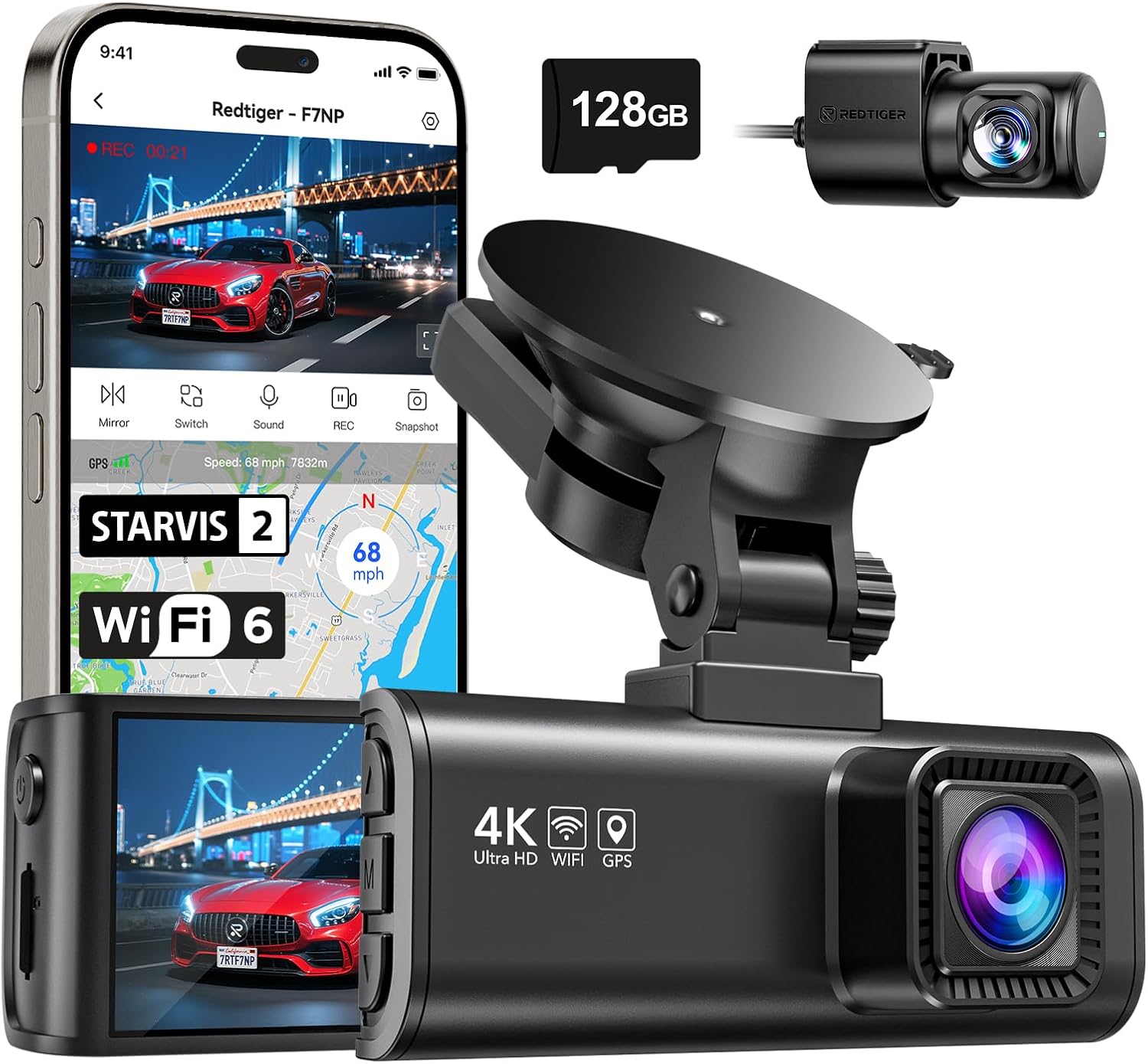 4K Dash Cam Front and Rear with STARVIS 2, 5.8GHz Wi-Fi Dash Camera for Cars, 128GB Card Included, GPS, 3.18”IPS Screen, Night Vision, 170°Wide Angle, WDR, 24H Parking Mode(F7NP)