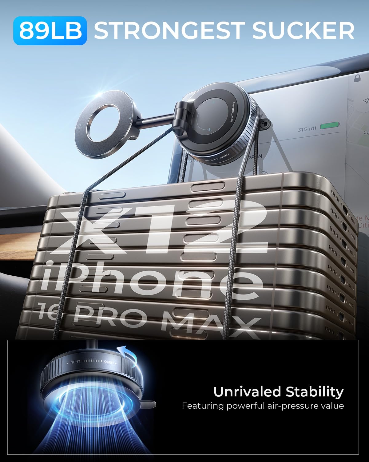 Vacuum Suction Phone Holder for Car, MagSafe Car Phone Holder Mount, [89+LBS Suction & 2800gf Magnetic] 360° Adjustable Shower & Wall Mount, Car Accessories for iPhone 17 Pro Max