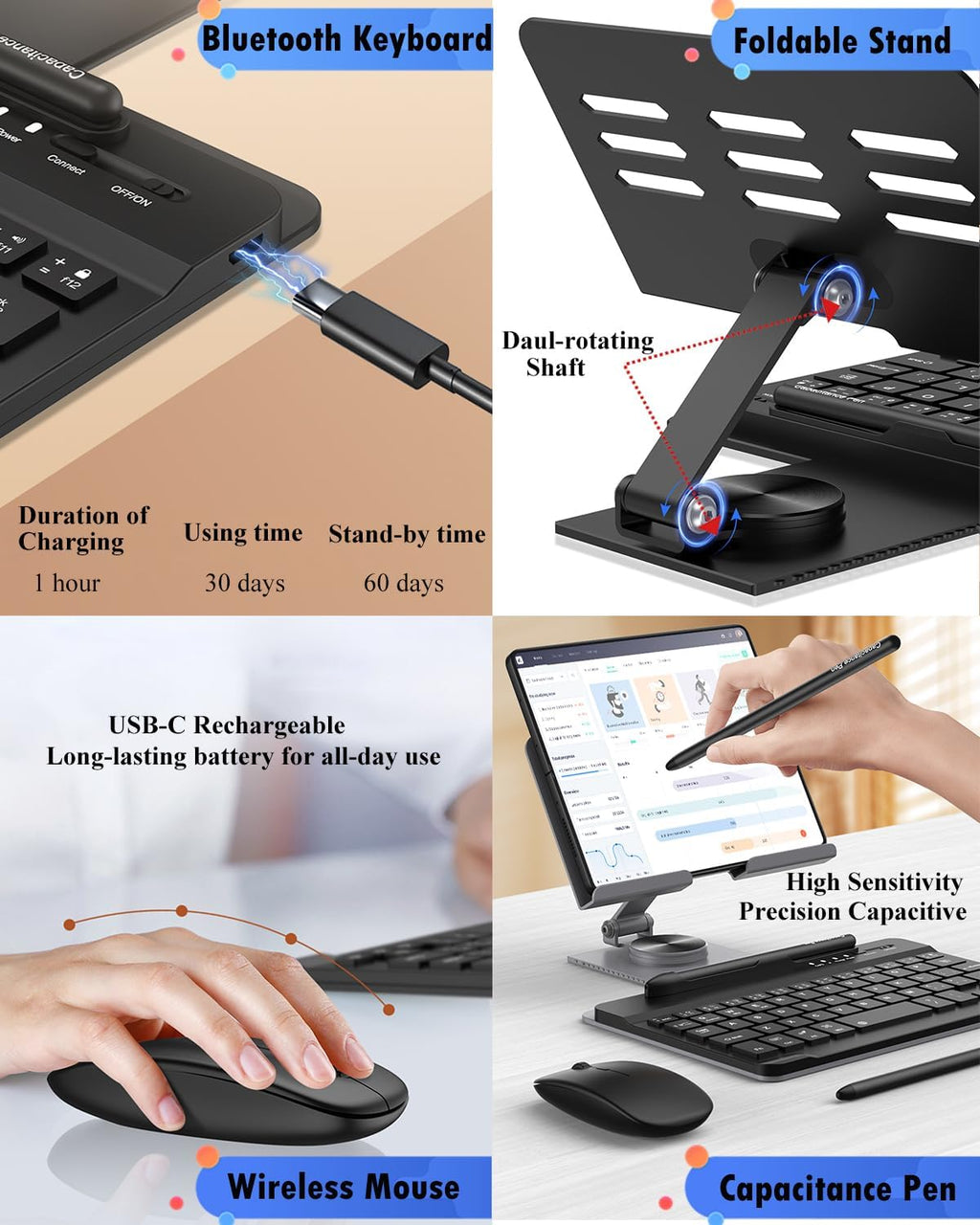 Bluetooth Keyboard and Mouse Set, Portable Travel Keyboard Adjustable Foldable Aluminum Alloy Stand Holder with Pen for 4.7"-8.5" Devices