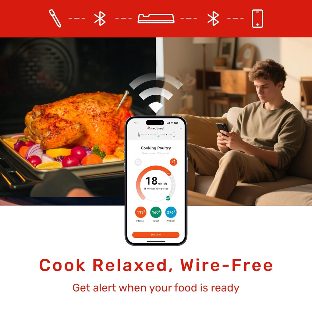 Bluetooth Wireless Meat Thermometer, with 6 Sensors Build in, Long Range, Smart App Monitoring with Timer & Alarm, IP69 Waterproof, Meat Thermometer Probe for BBQ, Grill, Oven, Kitchen