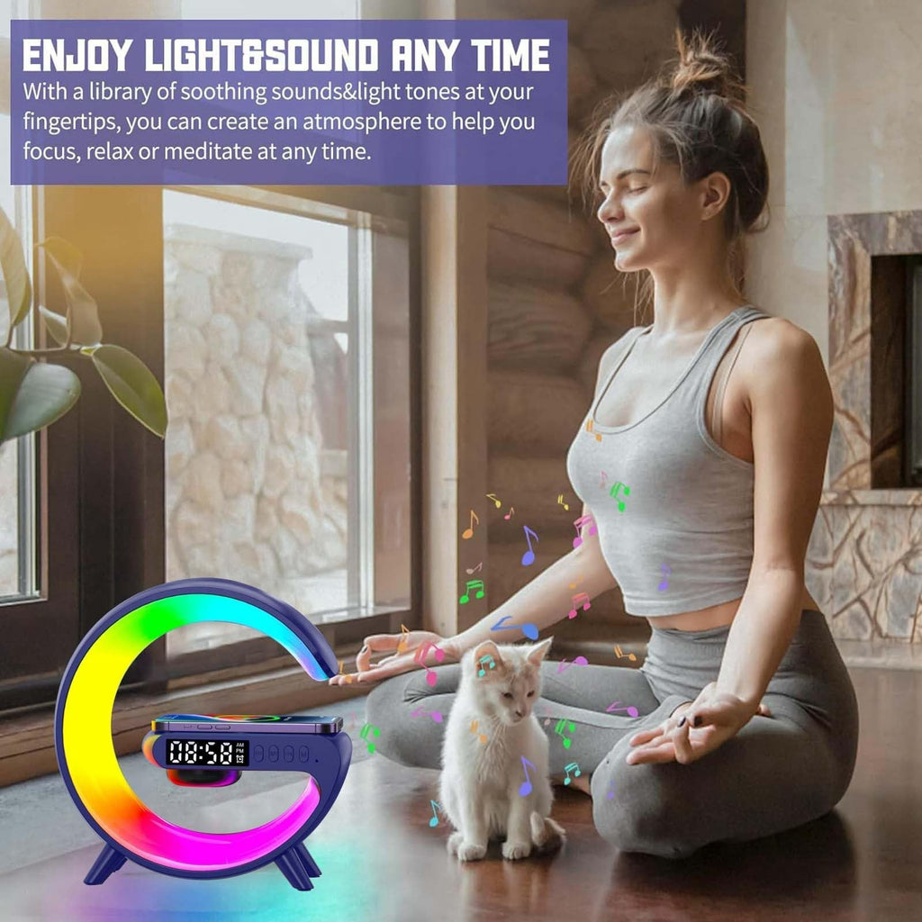 LED Wireless Charger Night Light Lamp, Bluetooth Speaker with Lights Alarm Clock, G Shaped Wireless Speaker Atmosphere Lamp for Bedside Dorm Office, Kids Adults Desk Table Lamp Gift (Black)
