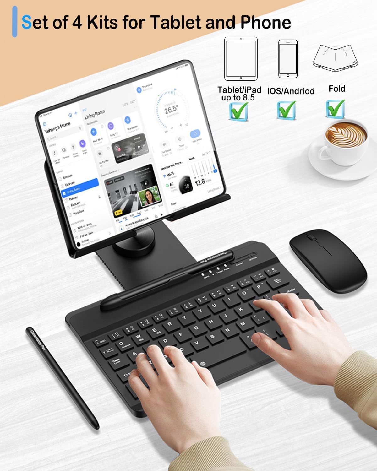Bluetooth Keyboard and Mouse Set, Portable Travel Keyboard Adjustable Foldable Aluminum Alloy Stand Holder with Pen for 4.7"-8.5" Devices