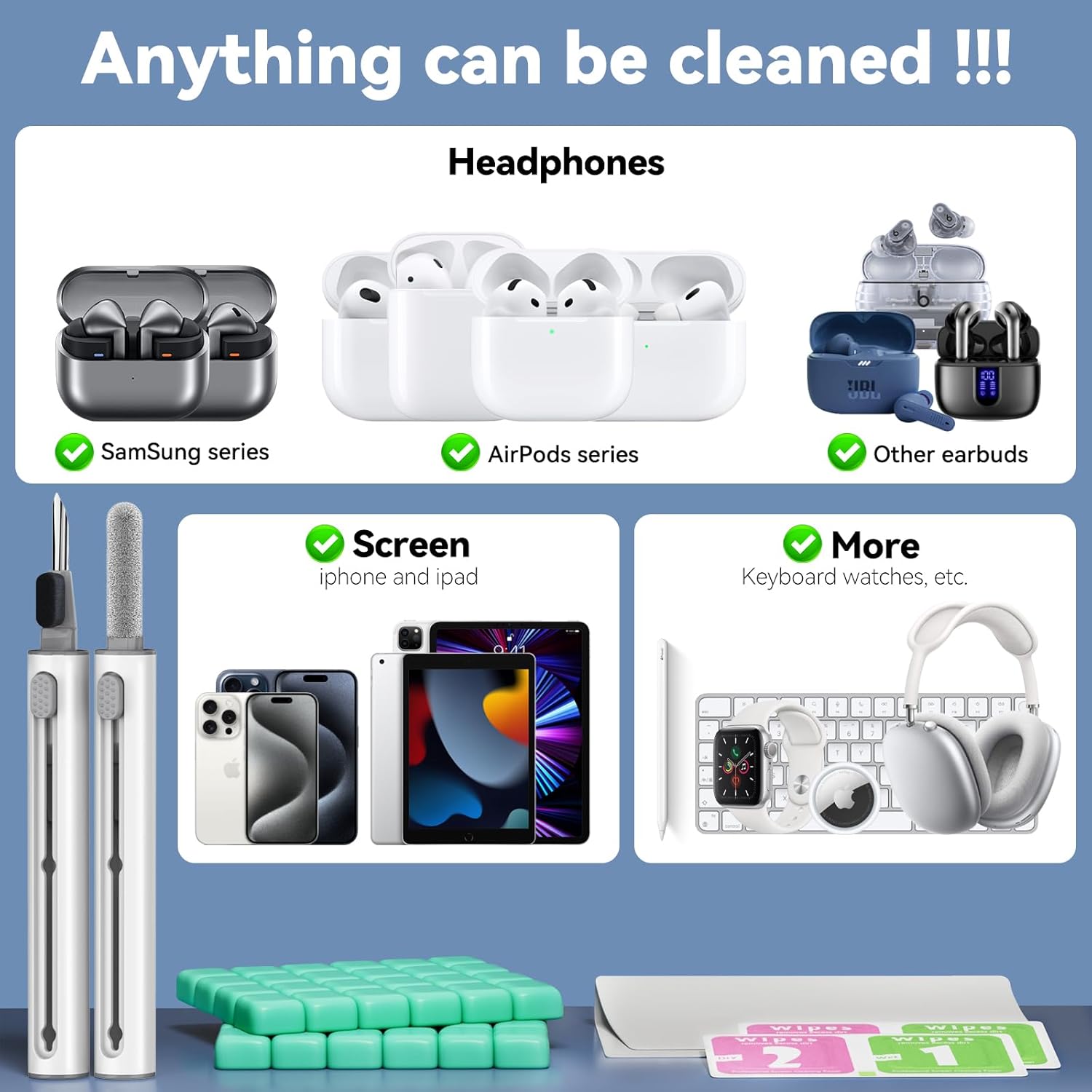 203 PCS AirPods Cleaner Kit, Earbud Cleaning Putty Remove Ear Wax, for Apple AirPods Pro/1/2/3 Compatible Charging Case/Bluetooth Headphones/Phone/Earbuds/Camera/Keyboard & Hearing Aids