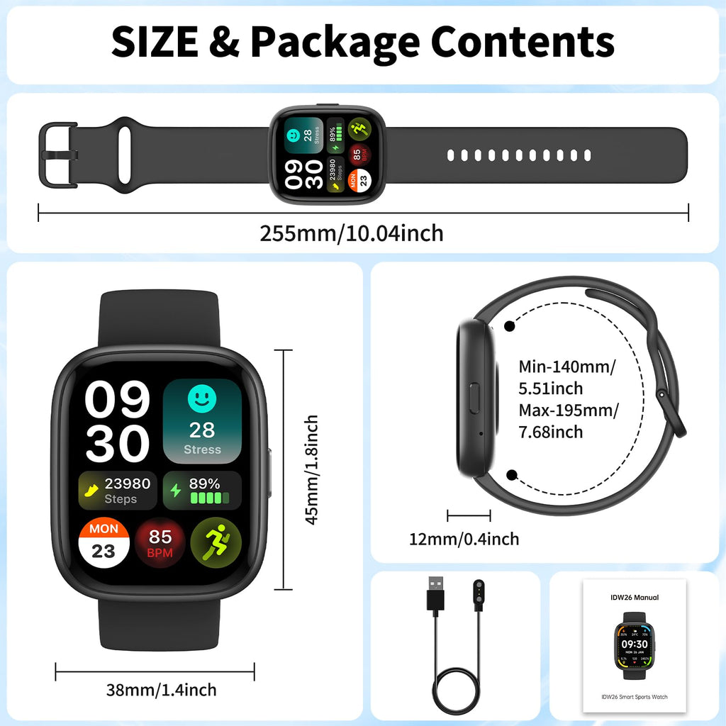 Smart Watch for Men Women, 1.83" HD, Alexa Built-in, Bluetooth 5.3 Calls & Notifications, IP68 Waterproof,100+ Sport Modes,Fitness Tracker/Heart Rate/SpO2/Sleep Monitor for Android iOS (Black)