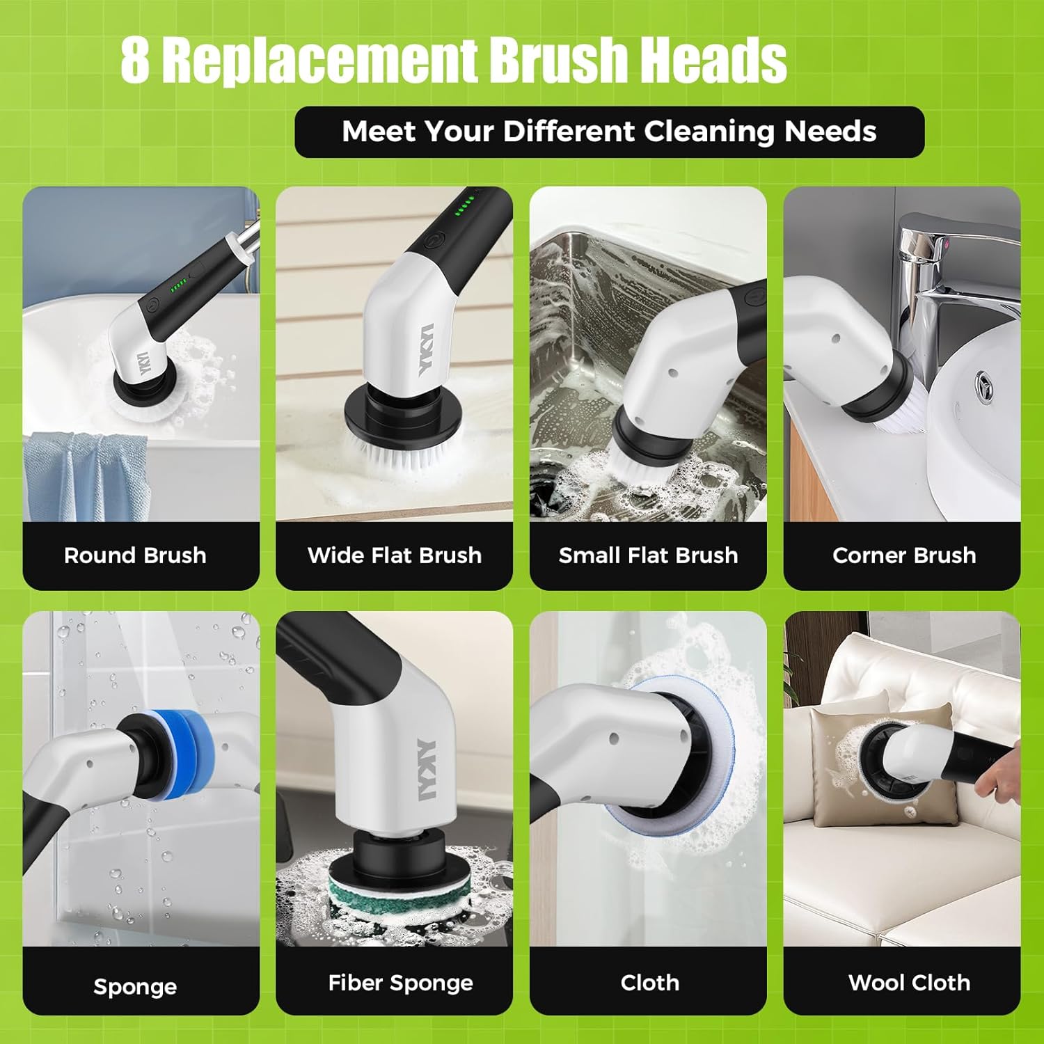Electric Spin Scrubber, Cordless Electric Cleaning Brush, Shower Scrubber with 8 Replaceable Brush Heads, Power Scrubber 2 Adjustable Speeds, Bathroom Brush with Long Handle for Bathtub, Tile (White)