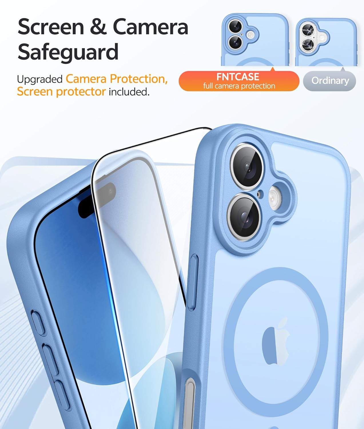 iPhone 17 Phone Case: Magnetic Translucent Matte [Full Covered Camera Protection] [Screen Protector] Military Grade Shockproof Slim Cover Drop Proof Protective Cases - Light Blue