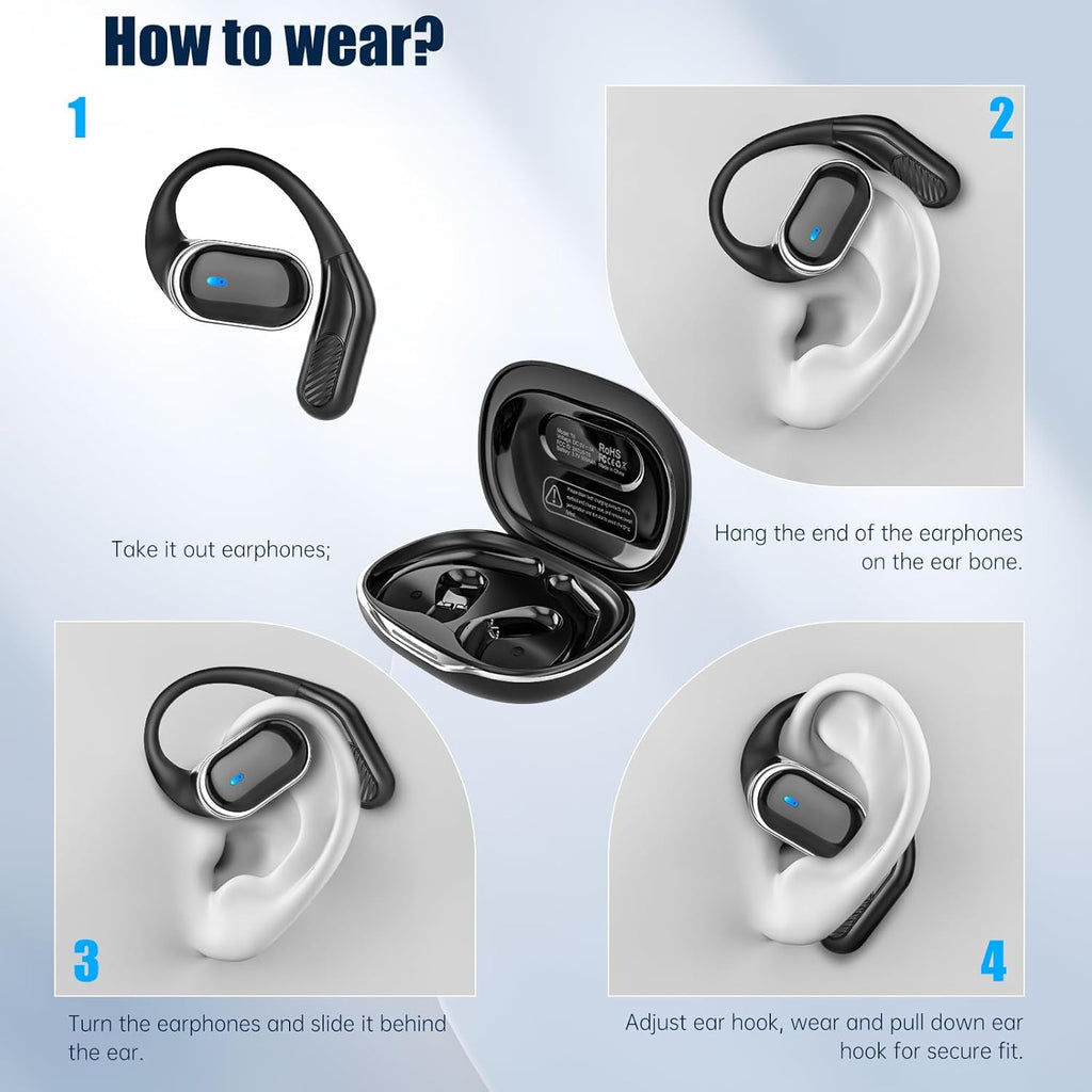 Wireless Earbuds Bluetooth 5.4 Headphones, 50H Playtime Stereo Earphones with ENC Noise Cancelling, IPX7 Waterproof Open Ear Buds with Ergonomic Ear Hook for Fitness/Sports/Workouts/Travel (Black)