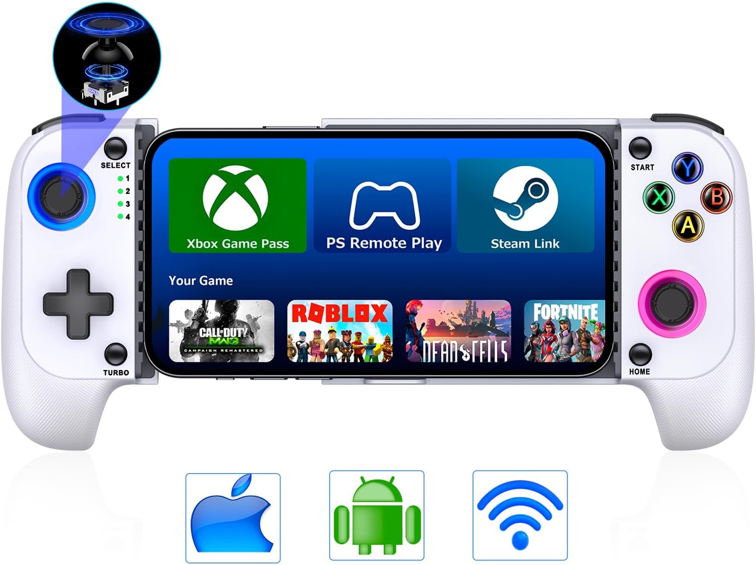 Game Controller - Compatible with iPhone & Android, Mobile Gaming Controller with Hall Joysticks, Phone Case Support, Wireless Phone Controller for Xbox Game Pass, Steam Link & More, White