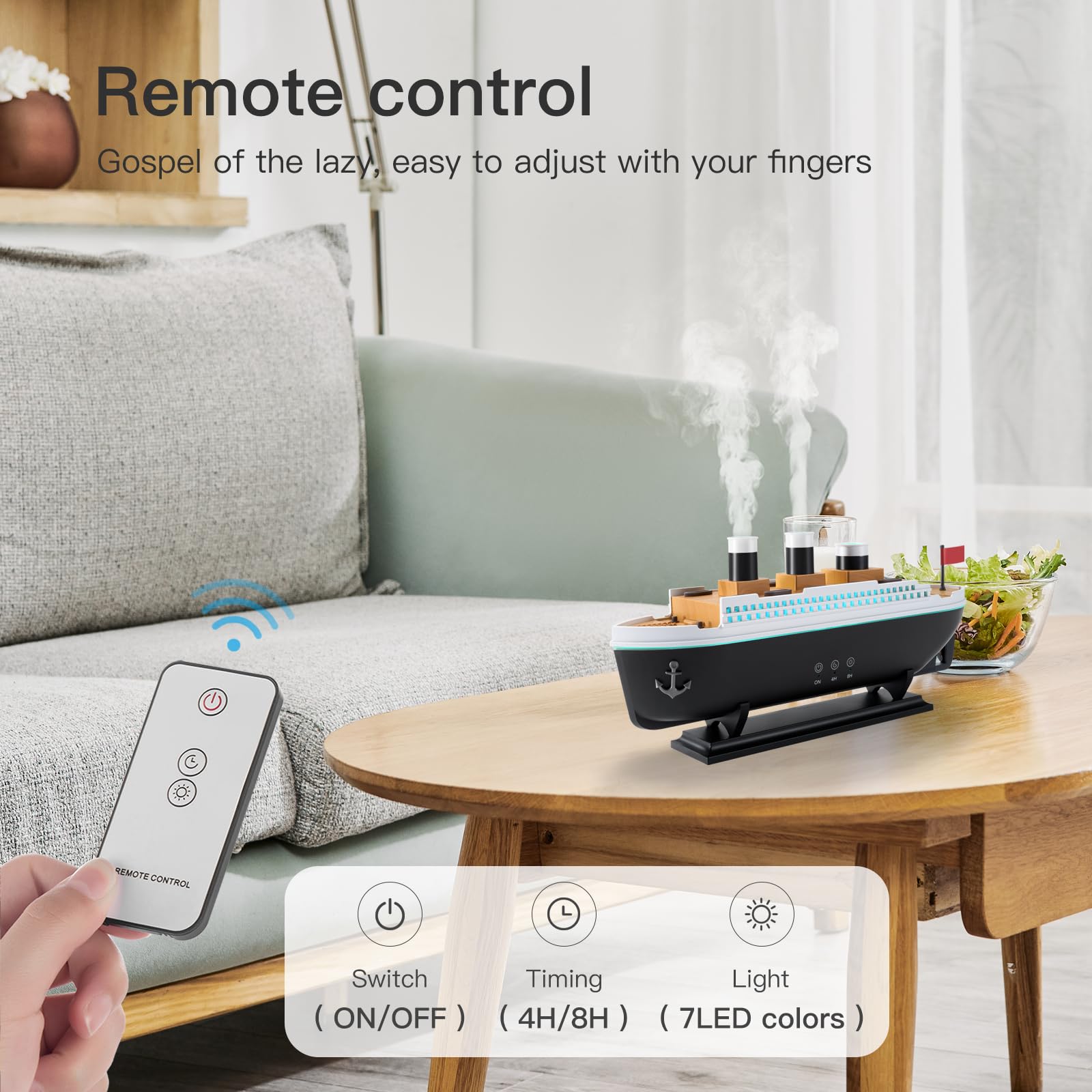 Titanic Humidifier 250ml, Essential Oil Diffuser Cool Mist Ultrasonic Aroma Aromatherapy Diffuser with Remote Control 7 Light 2 Mist Mode Auto Shut-Off for Bedroom Office Hotel(Black White)